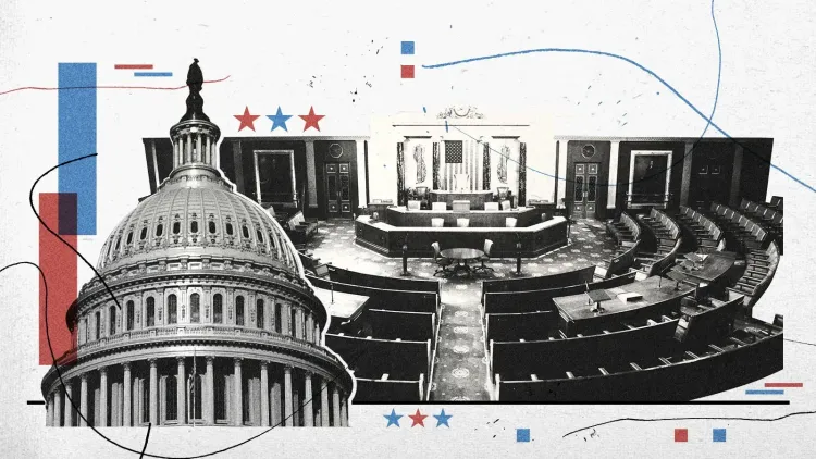 صورة توضح قبة مبنى الكابيتول الأمريكي مع مشهد داخلي لمجلس النواب، تعكس التوترات السياسية الحالية في الانتخابات المقبلة.