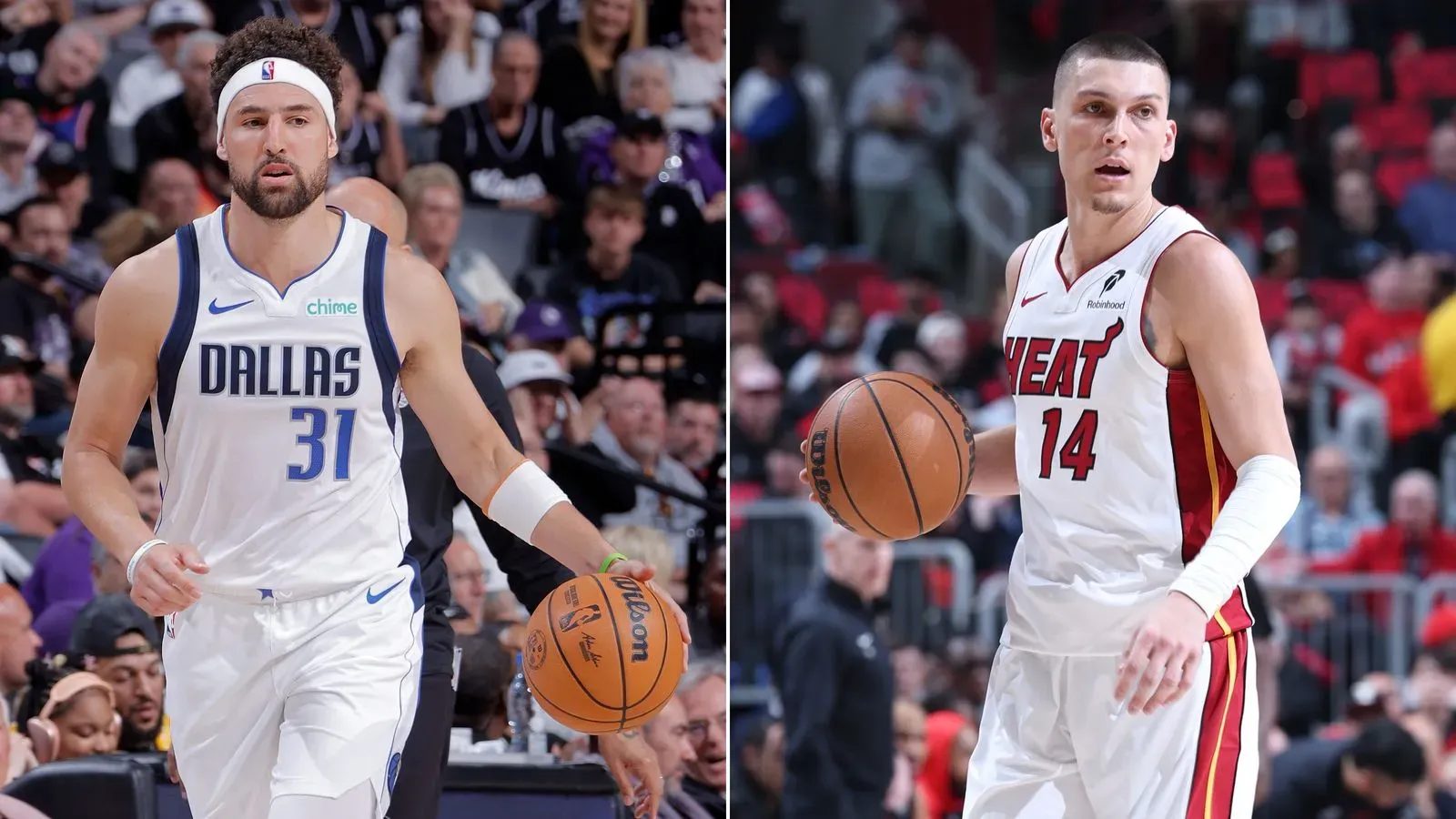 صورة تظهر لاعبين من فريق دالاس مافريكس وميامي هيت أثناء مباراة فاصلة، حيث يبرز التركيز على الأداء القوي والتنافس في الدوري الأمريكي للمحترفين.