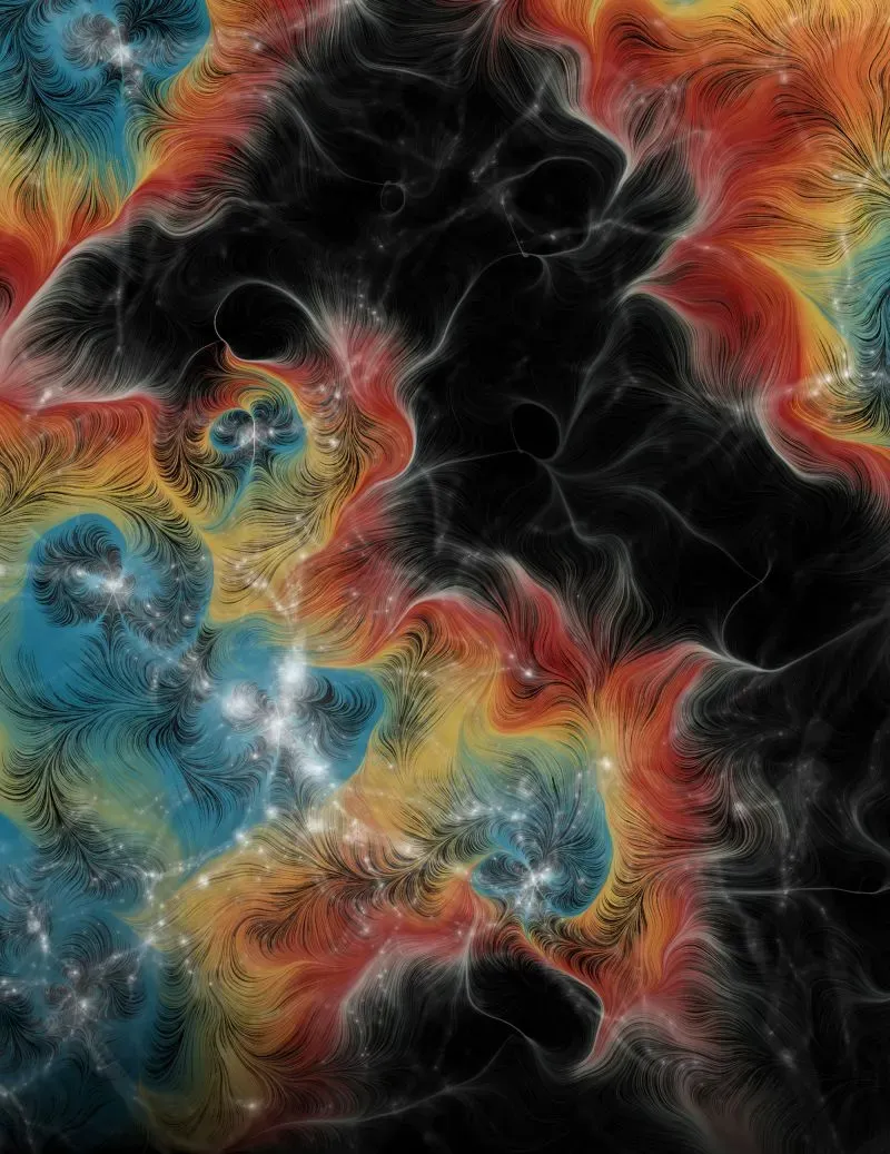 تظهر الصورة نمطًا ملونًا معقدًا يمثل توزيع المادة المظلمة والطاقة المظلمة في الكون، مما يعكس جهود العلماء في دراسة المادة المفقودة.