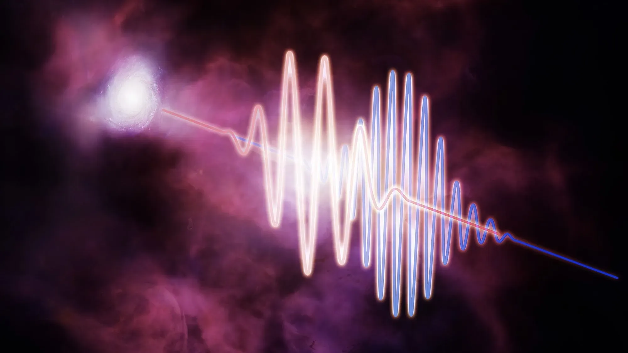 تظهر الصورة موجات راديوية ساطعة تتجه نحو الأرض، مع خلفية غامضة تمثل الفضاء. تعكس هذه الموجات الأبحاث حول المادة المفقودة في الكون.