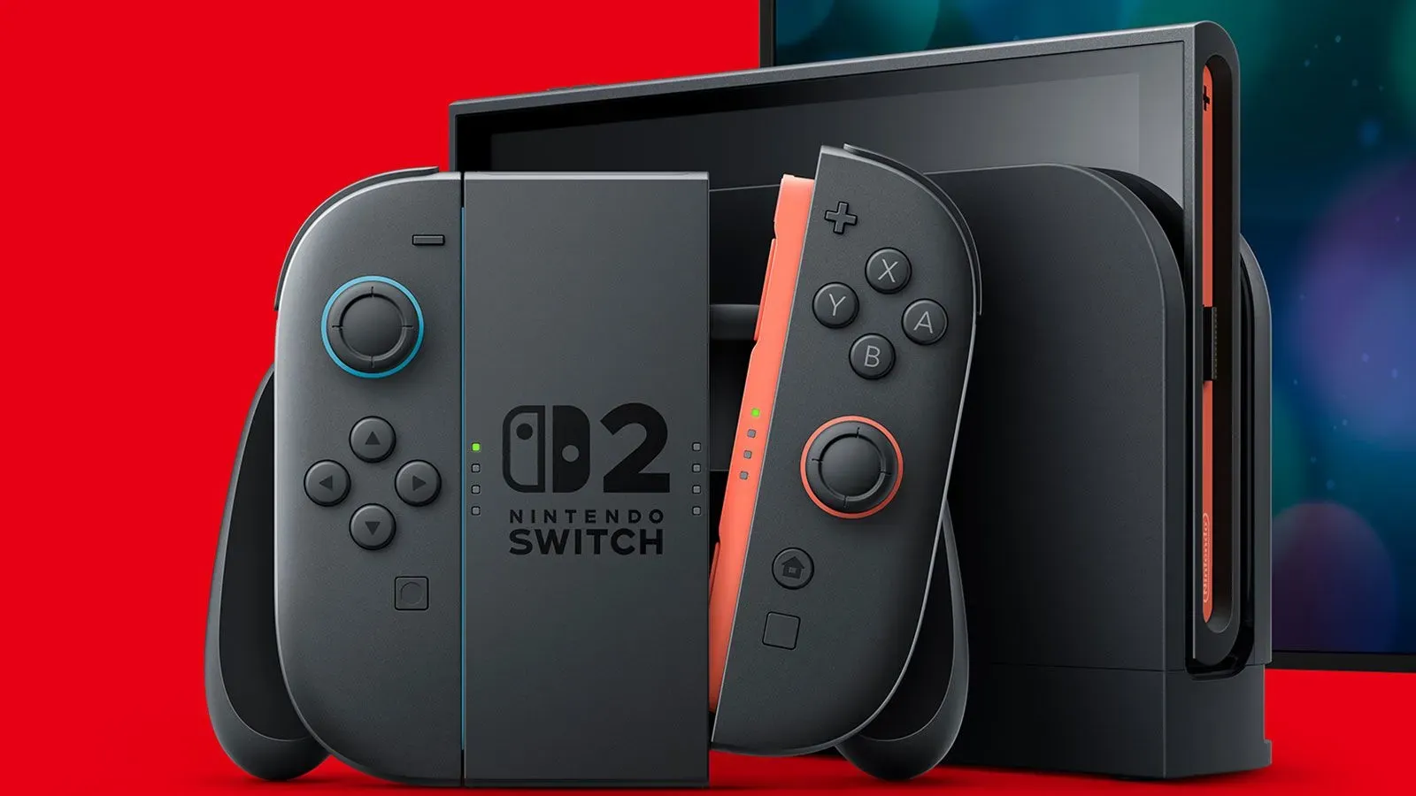 جهاز Nintendo Switch 2 مع وحدات تحكم Joy-Cons الجديدة، يظهر في خلفية حمراء، كجزء من إعلان نينتندو عن إطلاقه في 2025.