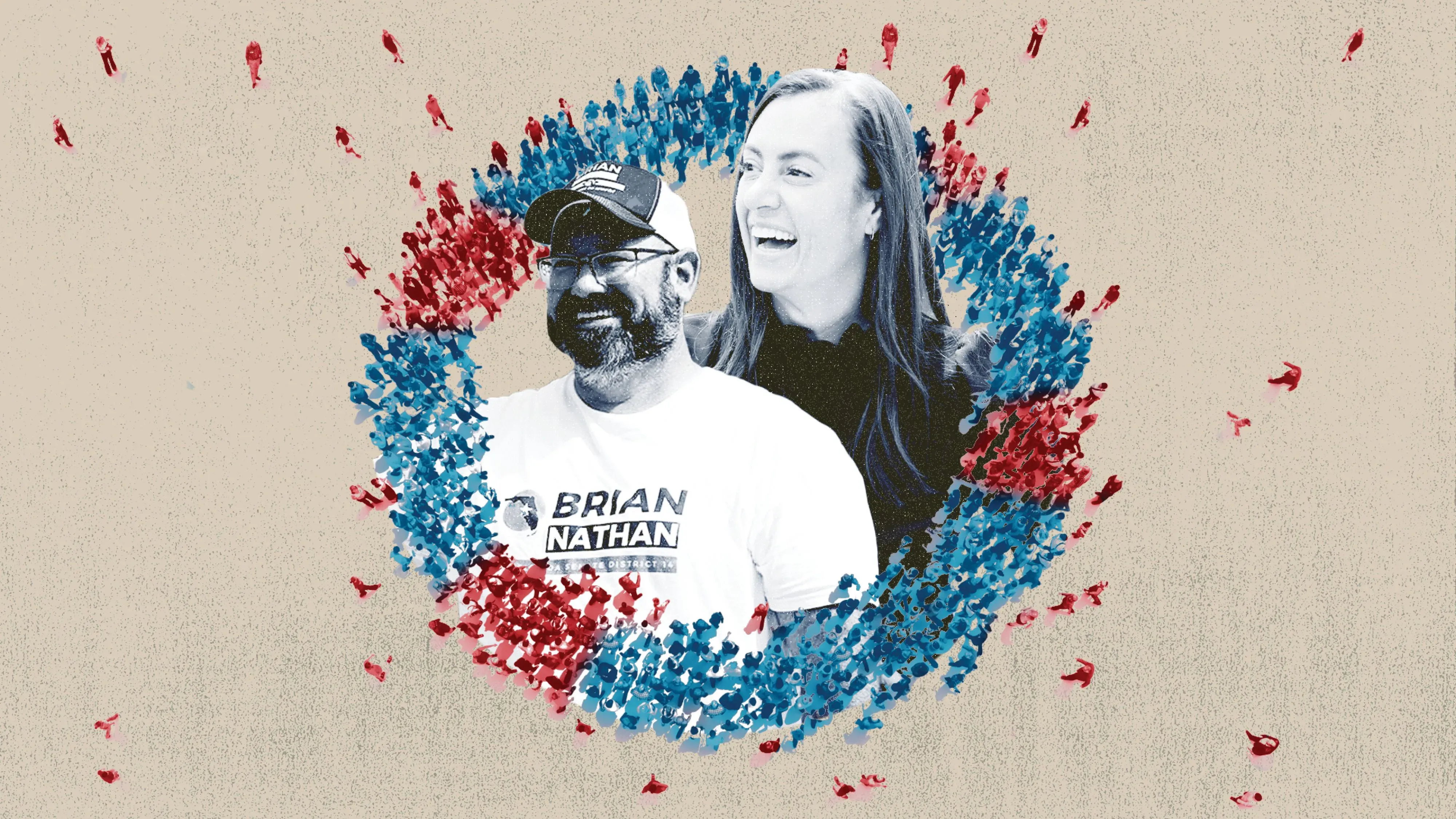 صورة تجمع بين براين ناثان وإيميلي غريغوري، محاطين بألوان تمثل الأحزاب السياسية، تعكس نجاح الديمقراطيين في الانتخابات الخاصة بفلوريدا.