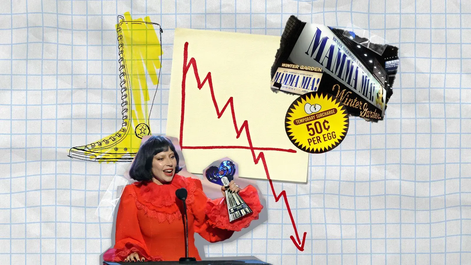 صورة تظهر شخصية ترتدي فستانًا أحمر وتحتفل بجائزة، مع رسومات توضيحية لعلامات الركود مثل الأحذية والأغذية بأسعار مرتفعة.