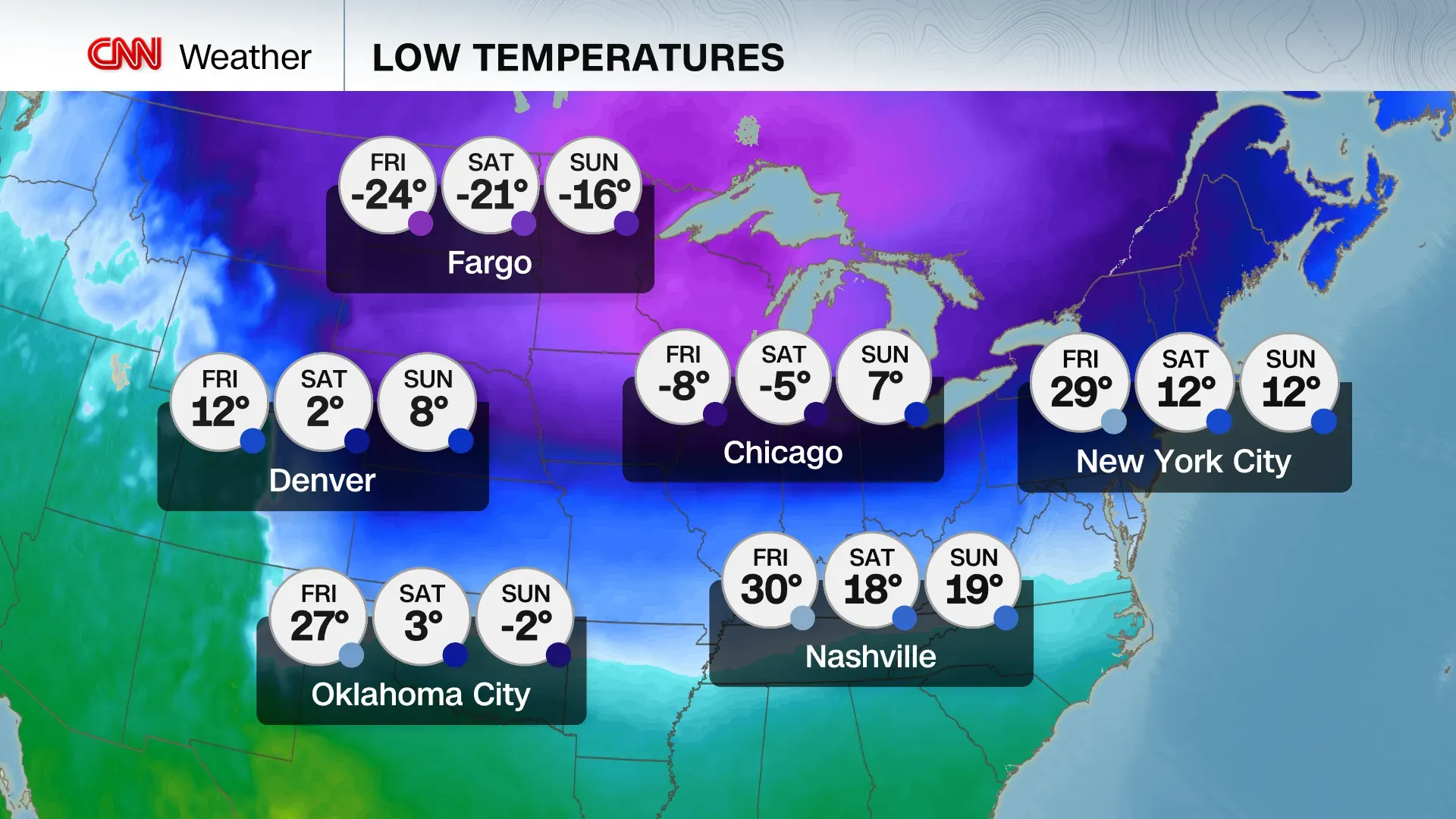 توقعات درجات الحرارة المنخفضة تظهر تأثير العاصفة الشتوية على الولايات المتحدة، مع درجات حرارة تصل إلى -24 في فارجو و-5 في شيكاغو.