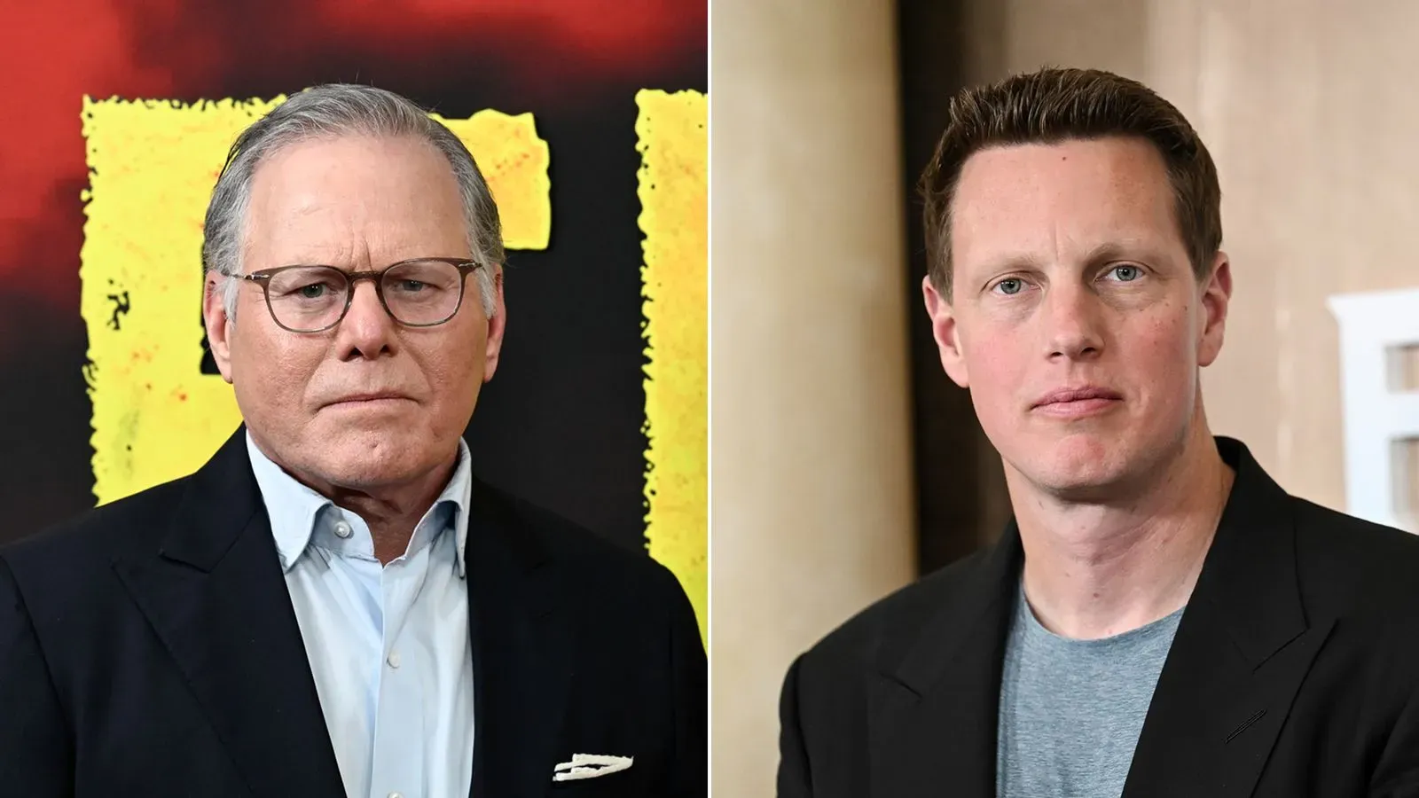 صورة لرجلين، أحدهما يرتدي نظارات وقميصًا أسود، والآخر بقميص رمادي، يتحدثان عن الاستحواذات في صناعة الترفيه.