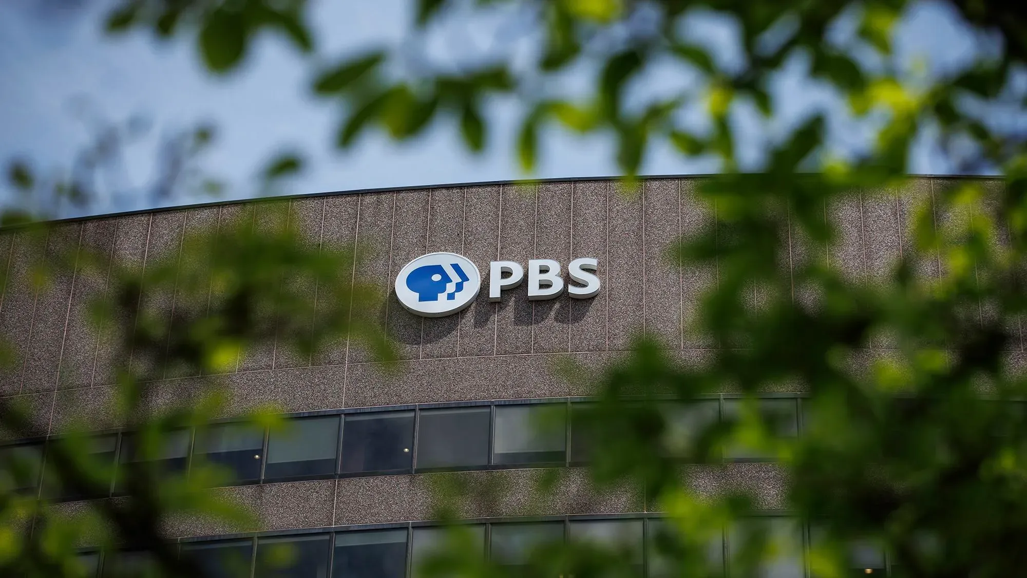 شعار PBS يظهر على واجهة المبنى، محاطًا بأوراق الشجر، في سياق الدعوى القضائية ضد إدارة ترامب بشأن تمويل وسائل الإعلام العامة.