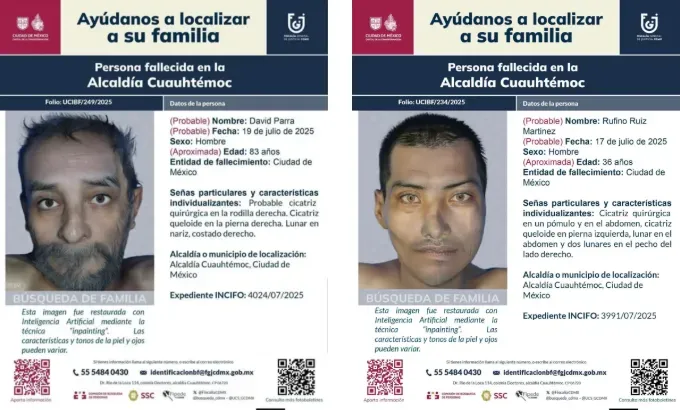 صورة توضح ملصقات بحث عن شخصين مفقودين، تتضمن تفاصيل مثل الأسماء، تواريخ الوفاة، والخصائص الفردية. تستخدم هذه الملصقات لتعزيز الوعي بقضايا الاختفاء في المكسيك.