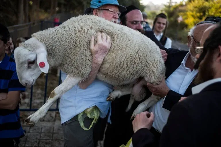مستوطنون إسرائيليون يحملون خروفًا خلال محاولتهم تقديم قرابين في المسجد الأقصى، وسط توتر متزايد حول الموقع المقدس.