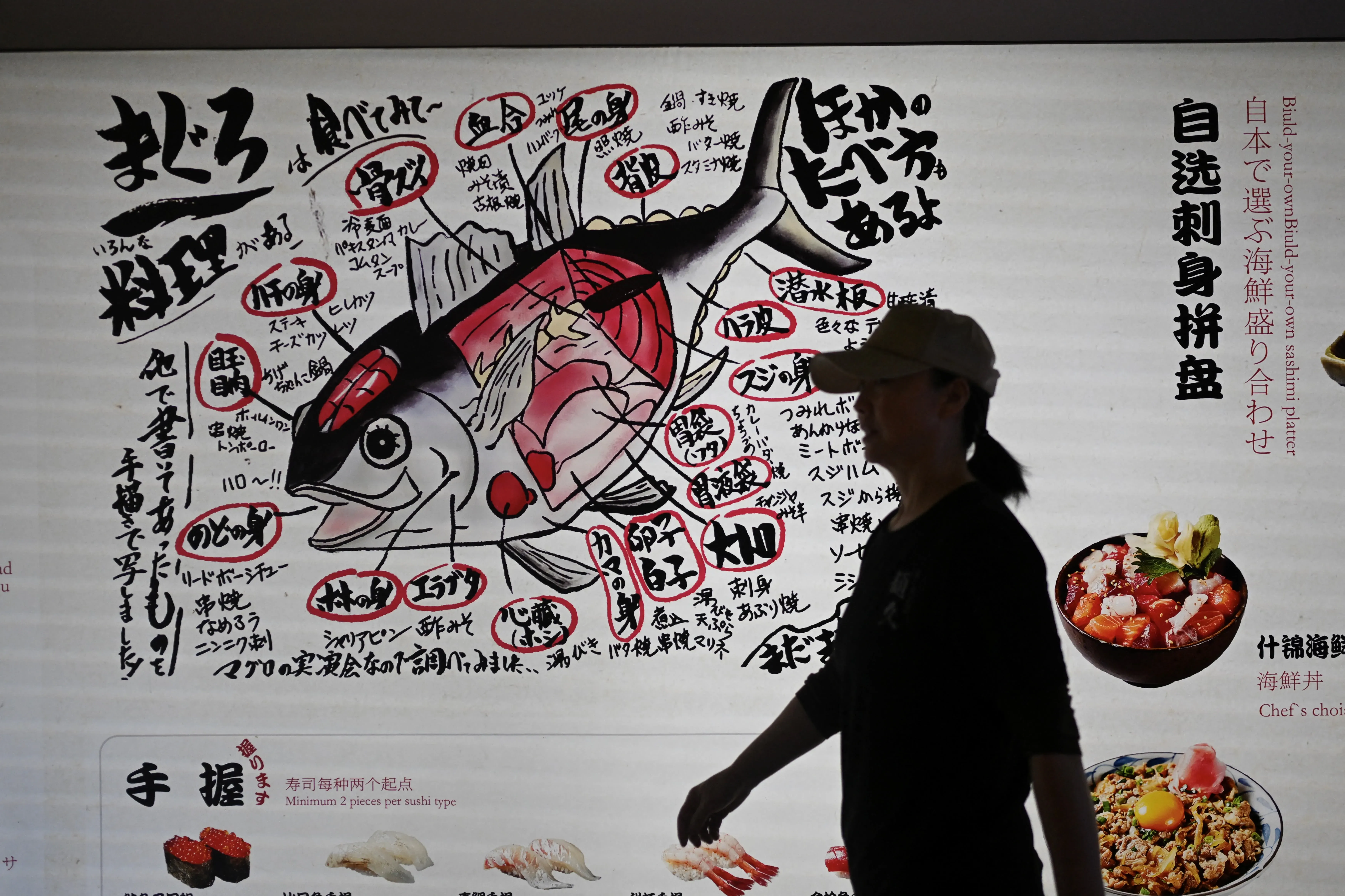 رسم توضيحي يوضح أجزاء سمكة مع تسميات باللغة اليابانية، بينما تسير امرأة أمامه في مطعم ياباني.