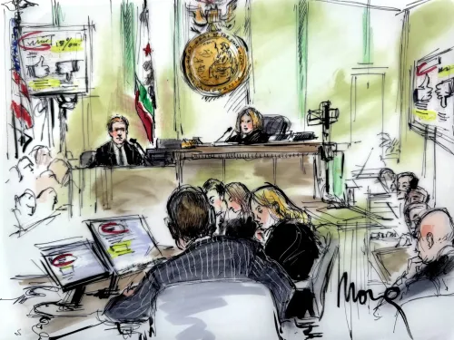 رسم توضيحي لجلسة محكمة في لوس أنجلوس، حيث يشهد مارك زوكربيرج حول تأثير وسائل التواصل الاجتماعي على الشباب.