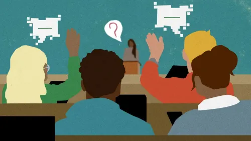 طلاب في فصل دراسي يرفعون أيديهم للمشاركة، مع ظهور علامات استفهام ورموز محادثة، مما يعكس تأثير الذكاء الاصطناعي على النقاشات الأكاديمية.