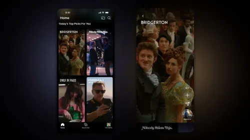 تصميم جديد لصفحة نتفليكس الرئيسية يظهر خيارات المحتوى مثل "Bridgerton" و"Emily in Paris"، مع تركيز على التوصيات المخصصة.