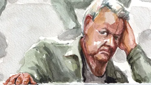 رسم توضيحي لدومينيك بيليكو، المدان بتهم الاعتداء الجنسي والاغتصاب، يظهر وهو يبدو قلقًا ويتأمل في مستقبله أمام قاضي التحقيق.