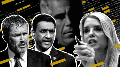 صورة توضح النقاش حول ملفات جيفري إبستين، مع ظهور أعضاء الكونغرس مثل رو خانا وتوماس ماسي وبام بوندي، في إطار جهود الكشف عن المعلومات المحجوبة.