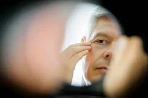 رجل في الخمسينات من عمره يتفحص علامات الشيخوخة حول عينيه في مرآة، مما يعكس تأثير المواد الكيميائية الأبدية على الشيخوخة.