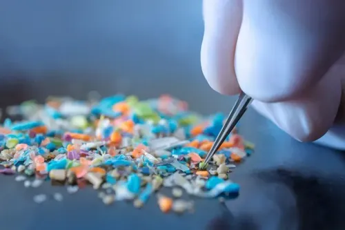 عالم يرتدي قفازًا أبيض يستخدم ملقطًا لالتقاط جزيئات بلاستيكية دقيقة ملونة، مما يشير إلى دراسات حول تأثيرها على الجراثيم المقاومة للمضادات الحيوية.