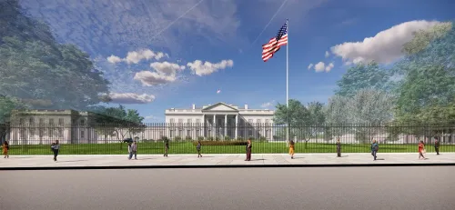 تصميم مقترح لقاعة الرئيس ترامب في الجناح الشرقي للبيت الأبيض، يظهر العلم الأمريكي والمارة أمام المبنى.