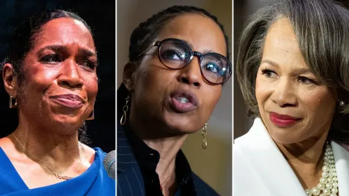 صورة تظهر ثلاث نساء سوداوات بارزات في السياسة الأمريكية، يتحدثن عن أهمية تمثيل النساء الملونات في مجلس الشيوخ.