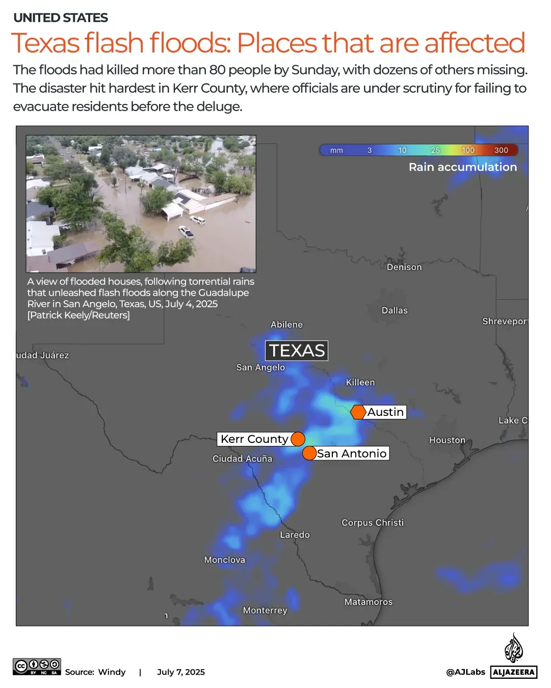 خريطة توضح المناطق المتأثرة بالفيضانات في تكساس، مع التركيز على مقاطعة كير وأماكن تجمع الأمطار الغزيرة.