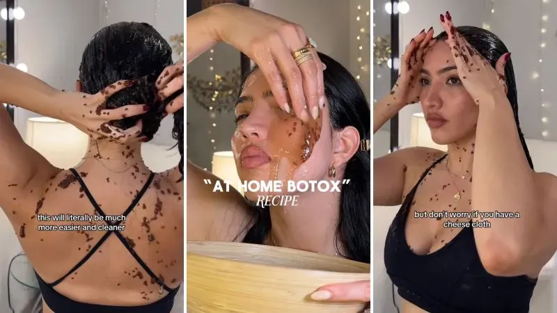امرأة تطبق وصفة "بوتوكس منزلي" على وجهها، مستخدمة مكونات طبيعية، في إطار اتجاهات الجمال الجديدة عبر وسائل التواصل الاجتماعي.