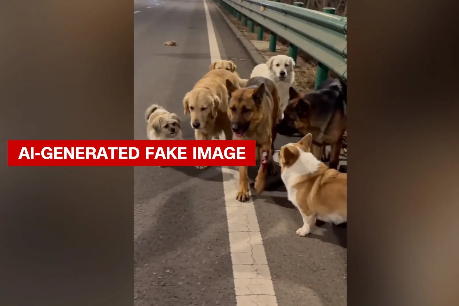 مجموعة من الكلاب تتجمع على جانب طريق سريع في الصين، مع كلب مسترد ذهبي وراعٍ ألماني، في مشهد يعكس قصة هروب غير حقيقية.