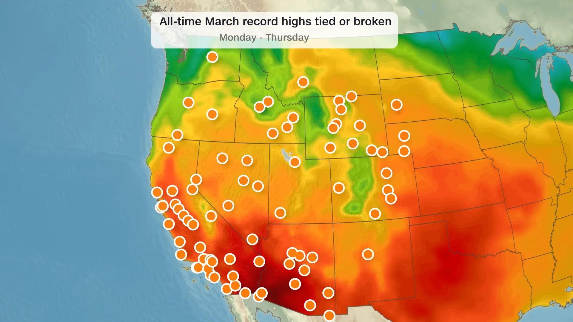 مخطط يوضح درجات الحرارة القياسية في مارس في الولايات الغربية، مع علامات دائرية تشير إلى المواقع التي سجلت درجات حرارة مرتفعة.