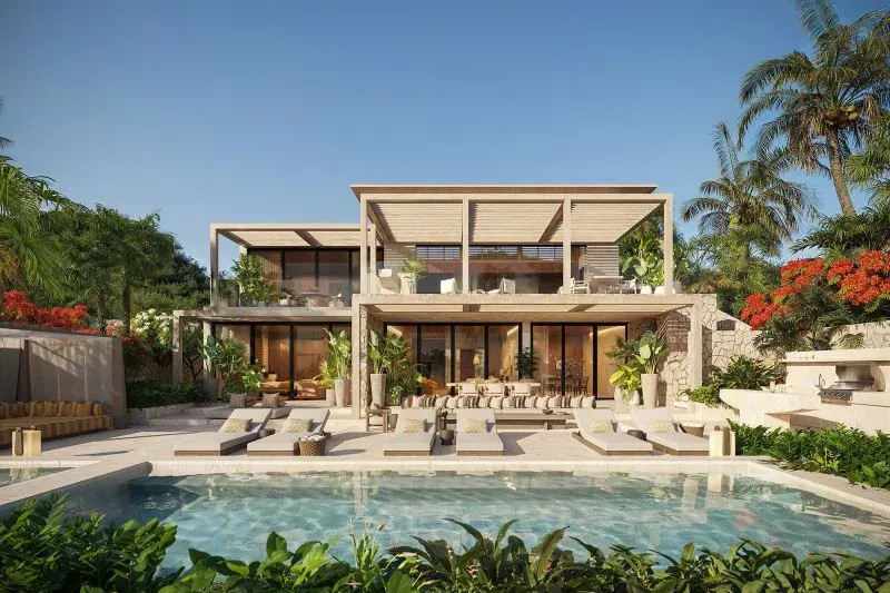 منتجع فاخر مع تصميم عصري يطل على مسبح وحدائق خضراء، يعكس أسلوب الحياة الريفية الحديثة وتجارب الإقامة في المزارع.