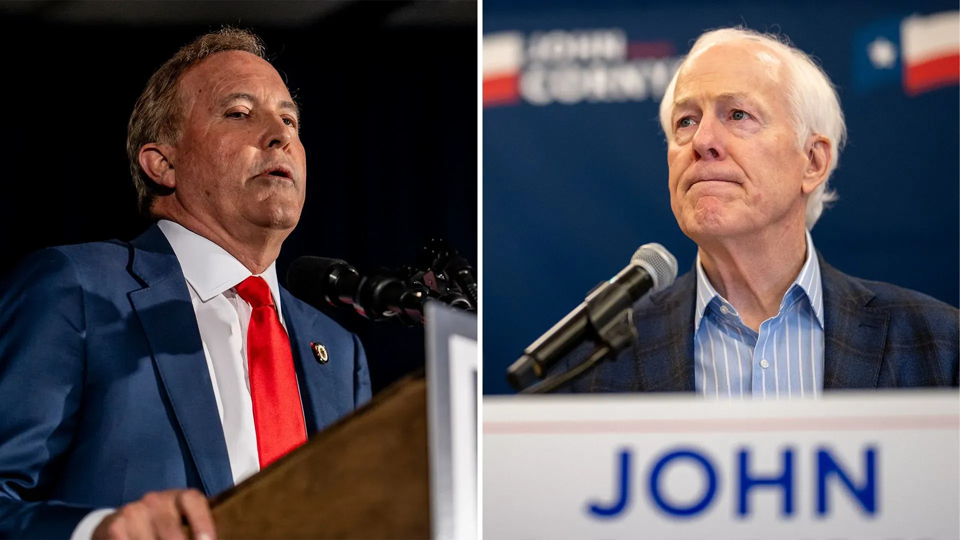 تظهر الصورة كين باكستون وجون كورنين، المرشحان الجمهوريان في انتخابات تكساس التمهيدية لمجلس الشيوخ، خلال خطاباتهما.