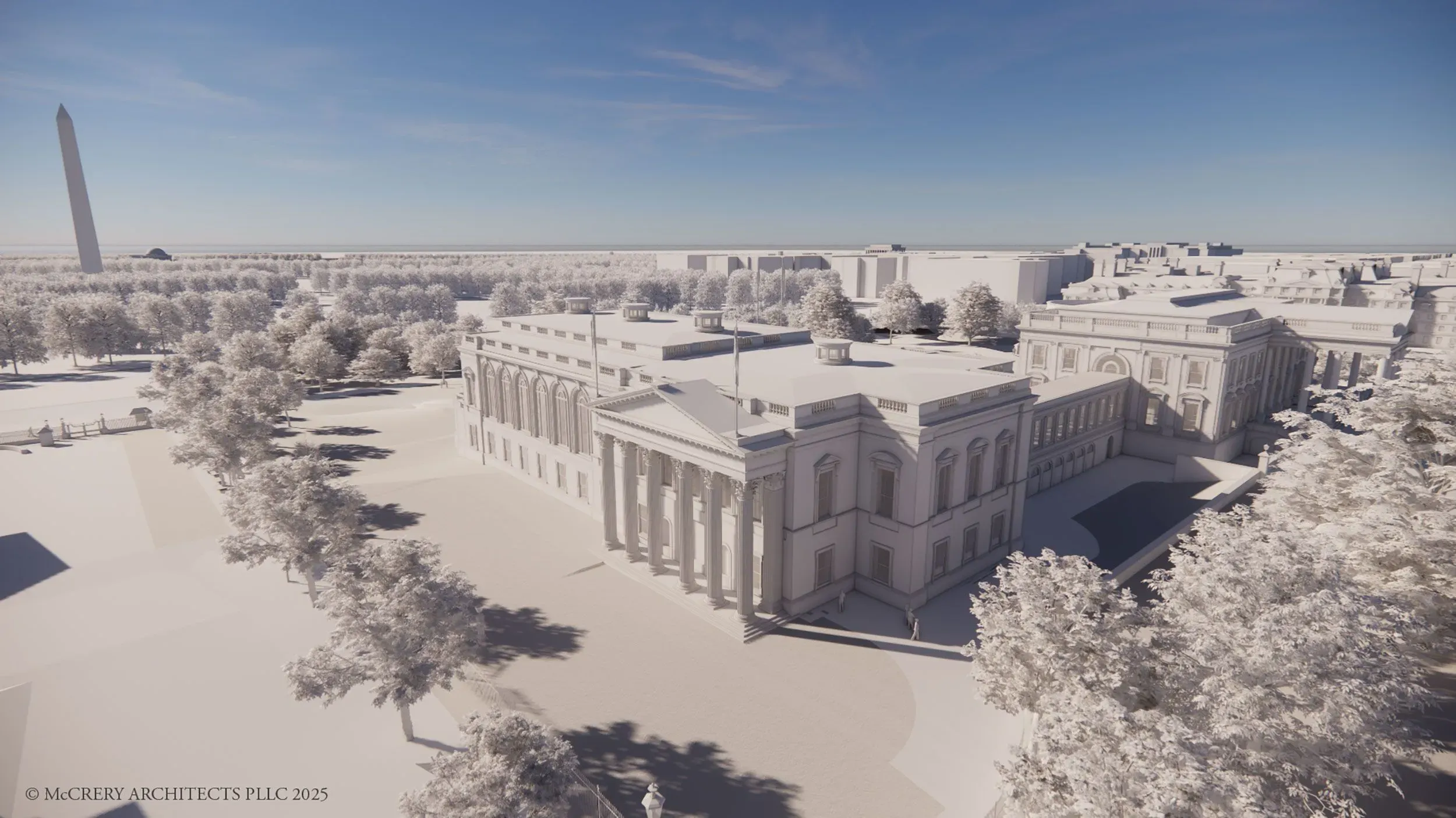 تصميم معماري لقاعة ترامب الجديدة في البيت الأبيض، مع تفاصيل عن المساحات المحيطة والموقع التاريخي.