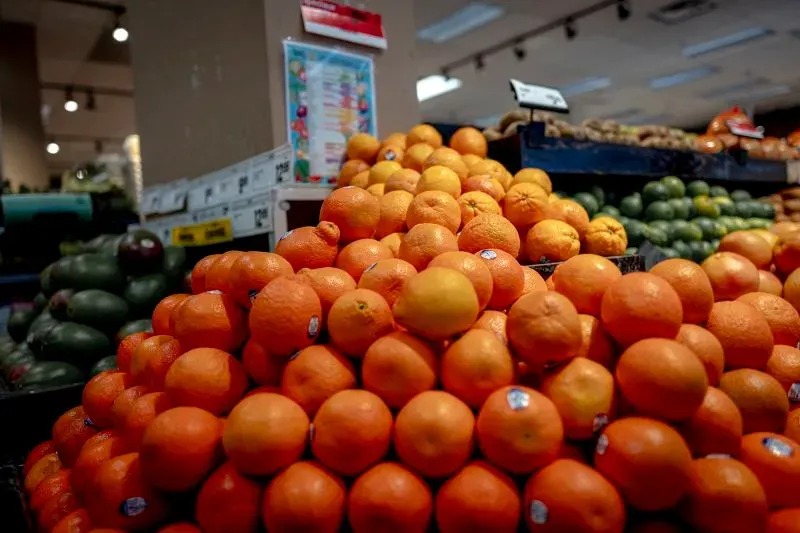 تظهر الصورة كومة من البرتقال في متجر، مما يعكس تأثير التعريفات الجمركية على أسعار السلع الأساسية مثل الغذاء.