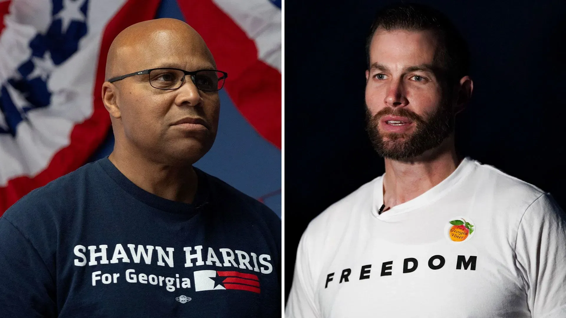 صورة تظهر شون هاريس وكلاي فولر، مرشحين في انتخابات الكونغرس بولاية جورجيا، مع خلفية علم أمريكي.