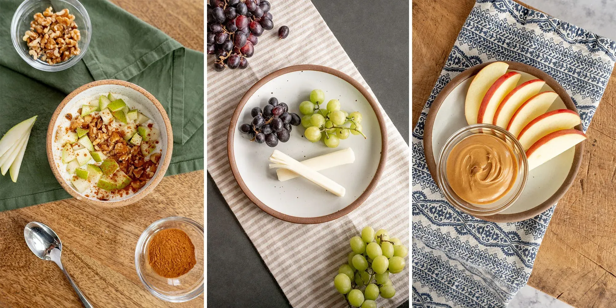 أطباق متنوعة من الوجبات الخفيفة الصحية تشمل الزبادي مع التفاح والجوز، والعنب، وشرائح الجبنة، وزبدة الفول السوداني، تعكس خيارات التغذية المتوازنة.