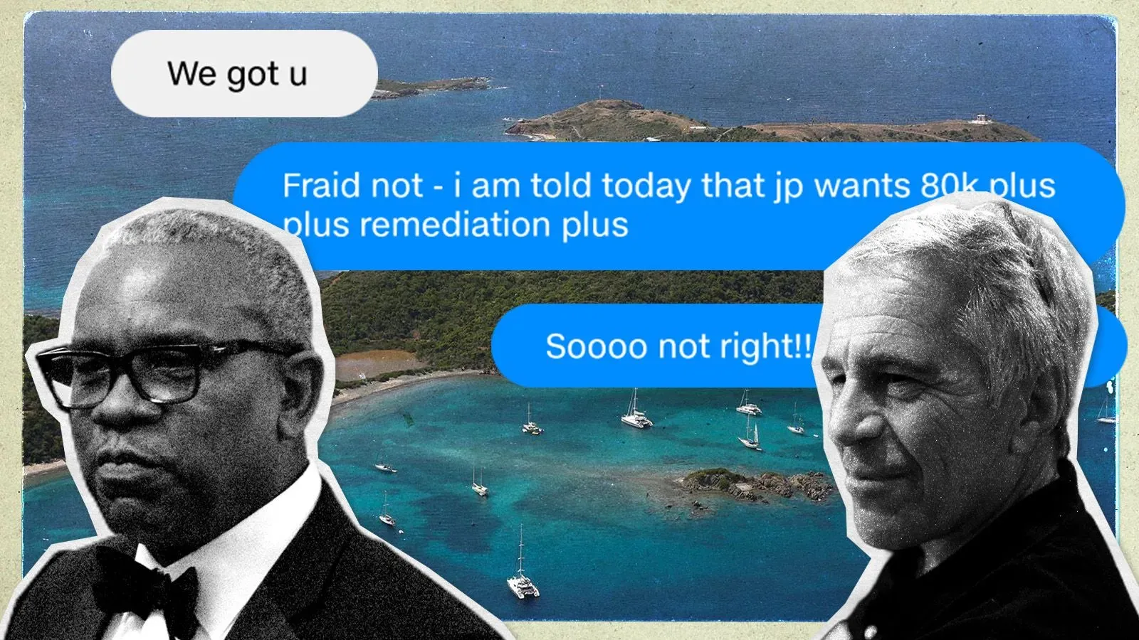 تظهر الرسائل النصية بين الحاكم ألبرت بريان وجيفري إبشتاين، مع خلفية لجزر فيرجن الأمريكية، تعبيرات عن النزاع حول الغرامات وأعمال البناء غير المصرح بها.