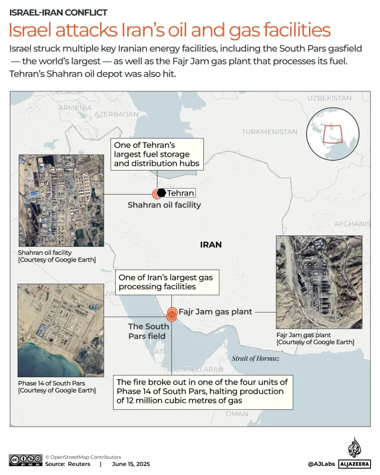 خريطة توضح مواقع الضربات الإسرائيلية على المنشآت النفطية والغازية الإيرانية، بما في ذلك حقول جنوب بارس ومصنع فجر جام.