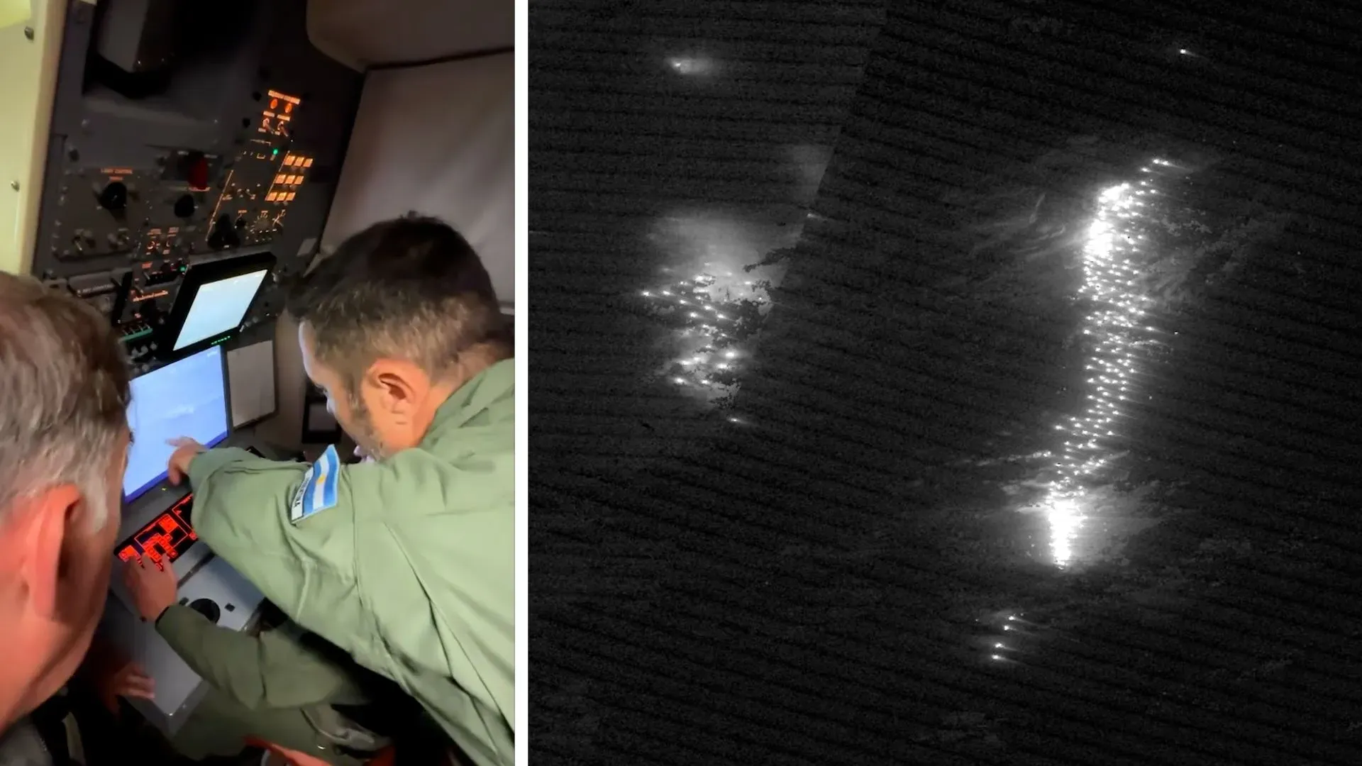 صورة تظهر طاقم طائرة P-3C "أوريون" الأرجنتينية أثناء مراقبة أسطول سفن صيد مضاءة في البحر، مع غروب الشمس في الخلفية.