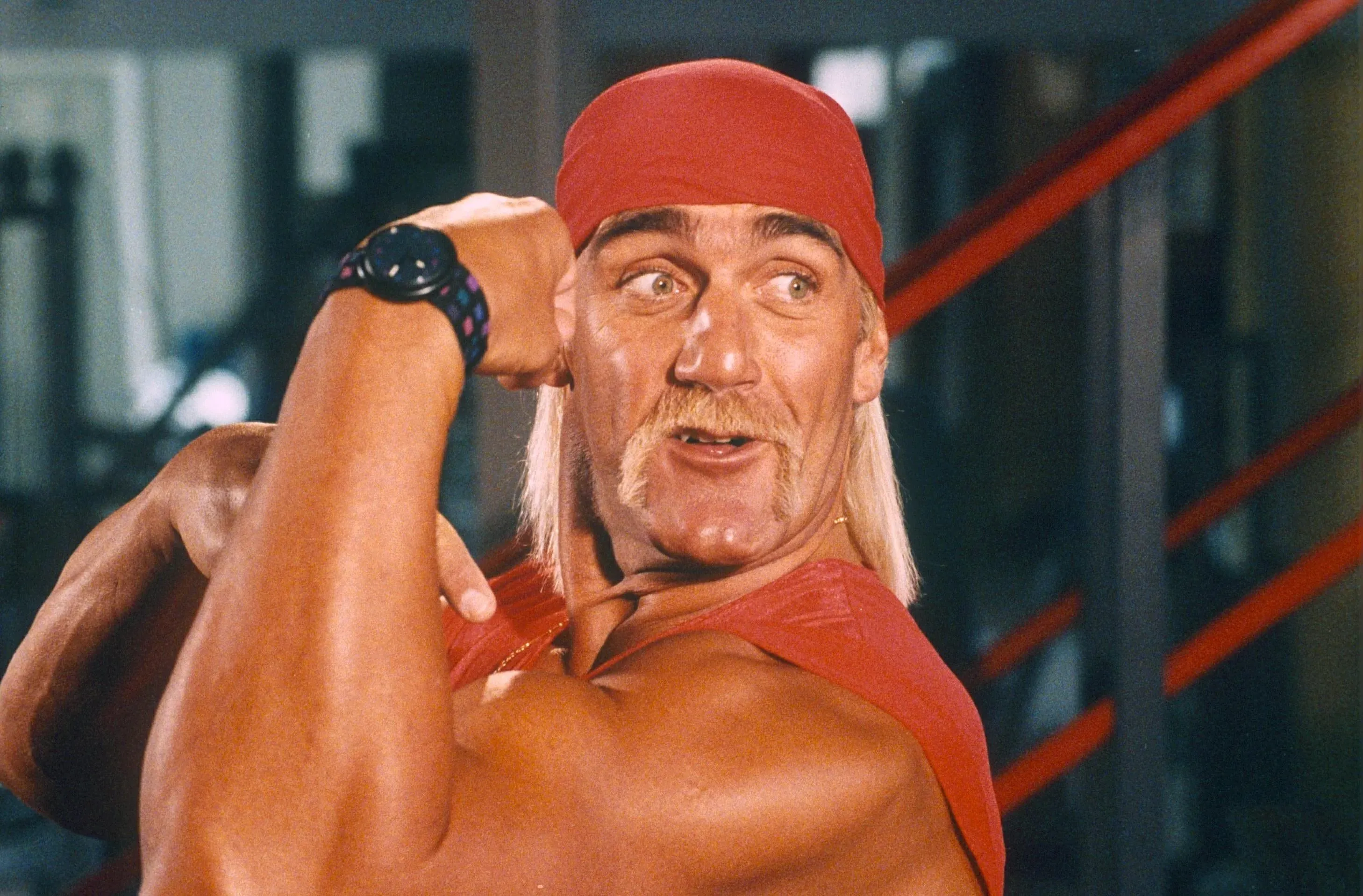 صورة لهالك هوجان وهو يُظهر عضلاته في صالة رياضية، يعكس قوة الشخصية الأسطورية في عالم المصارعة وتأثيره على الجماهير.